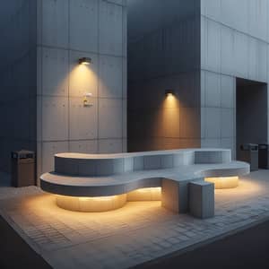 Exterior Concrete Bench in Two Semicircles | Gray, Warm Lighting