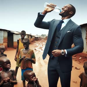 Male Football Player Drinking Water Among African Children