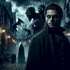 Dark Gothic Scene: Ominous Man & Otherworldly Entities in Archaic Town
