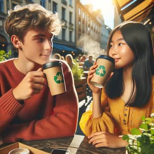 Café Scene: Boy and Girl Enjoying Coffee Outdoors