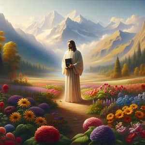 Serene Landscape with Bible Holder amidst Colorful Flowers