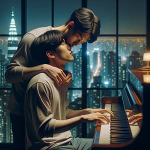 Asian Men Piano Serenade in Urban Setting | Realism Art