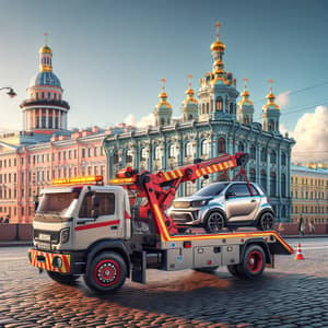 Heavy-Duty Tow Truck Hoisting Silver Car in St. Petersburg City