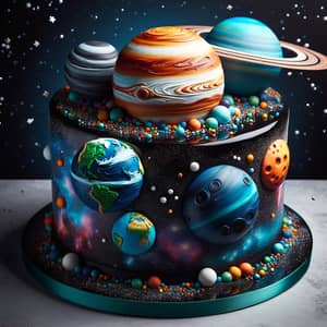 Galactic Birthday Cake with Mars, Jupiter, & Saturn Planets