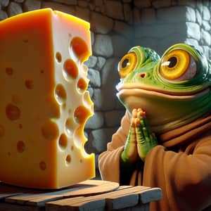 Cheese Worship - Whimsical Frog Character Praying to Oversized Cheese