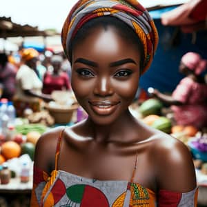 Young Dark Ghanaian Woman in Traditional Attire at Local Market