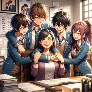 Anime School Students Celebrate Success in Group Hug