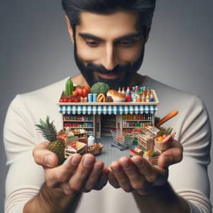Intriguing Perspective: Middle-Eastern Man Holding Miniature Shop