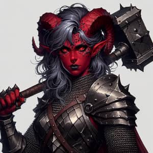 Female Tiefling Warrior with Hammer and Chain Mail