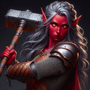 Tiefling Woman Warrior | Red Skin, Gray Hair, Gold Eyes