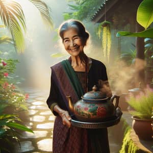 Elderly South Asian Woman Carrying Decorated Tea Pot | Enchanting Garden Scene