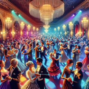 Energetic Dance Scene in Grand Ballroom: Diverse Couples Swirling