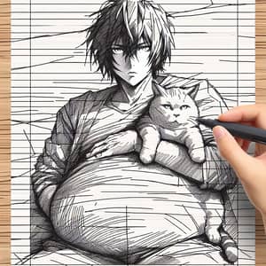 Minimalist Realist Sketch: Man with Shoulder-Length Hair and Fat Cat