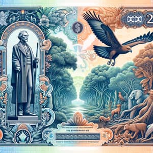 Intricate Banknote Design with Historic Monument and Wildlife Scene