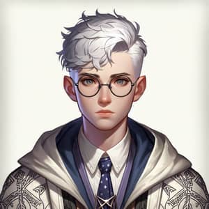Young ENTP Wizard with Short White Hair and Round Glasses