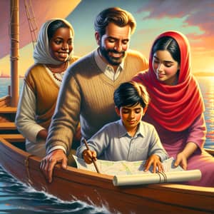 Multicultural Family Boat Scene Painting - Warm and Adventurous Imagery