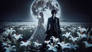 Moonlit Encounter: Asian Male Vampire Bites Blonde Girl in White Dress