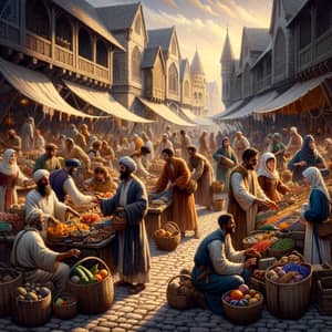 Medieval Marketplace with Diverse Traders and Shoppers