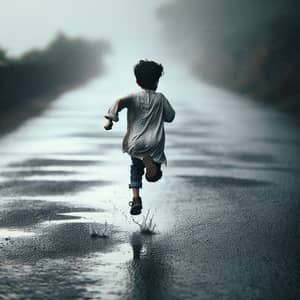 Energetic Middle-Eastern Boy Running in Light Rain