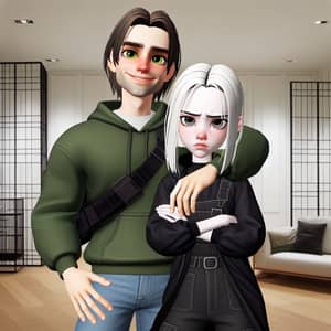 Cartoonish Illustration of a Smiling Man Hugging a Displeased Woman in Modern Room