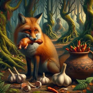 Enchanting Scene: Fox with Chicken, Garlic, Peppers in Forest