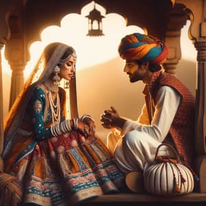 Rajasthani Couple in Traditional Attire Conversing Under Jharokha