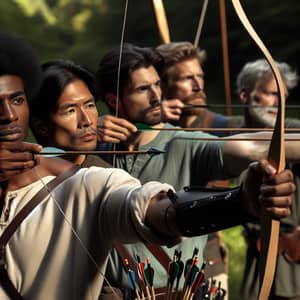 Diverse Group of Men in Archery Action - Lush Forest Scene