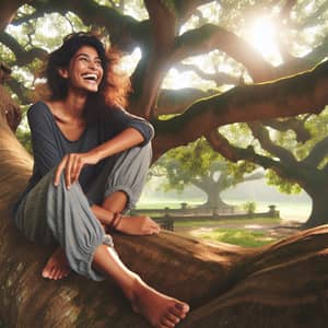 Radiant South Asian Woman Laughing Comfortably on Tree Branch