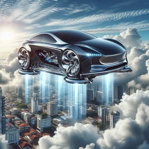 Future Technology: Flying Car with Jet Engines - Sky Cityscape View