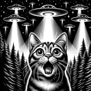Captivating Black and White Illustration of Cat and UFOs
