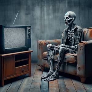 Zombie Watching TV - Creepy Image of Couch Potato Undead