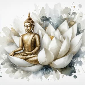 Serene Buddha Statue on White Lotus | Tranquil Watercolor Art