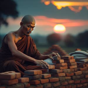 Buddhist Monk Building Brick Wall at Sunset