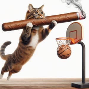 Playful Cat Dunking Basketball - Amusing Cigar Scene