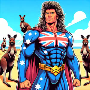 Mullet-Haired Australian Superhero on Beach with Kangaroo Squad