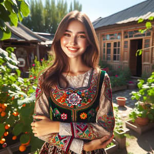 Uzbek Girl in Traditional Yard: Beauty of Uzbek Culture Captured