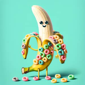 Whimsical Half-Peeled Banana Character with Fruit Loops