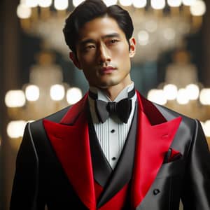 Regal Asian Man in Stylish Black and Red Tuxedo