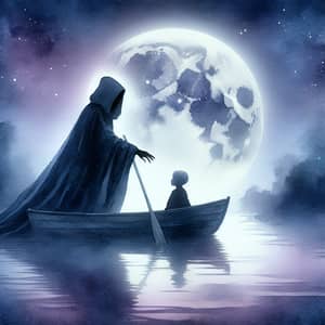 Enchanting Fairytale Art: Mysterious Cloaked Figure Ferrying Child