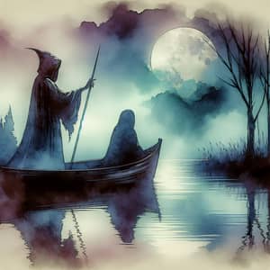 Mysterious Cloaked Figure in Boat on Tranquil Lake