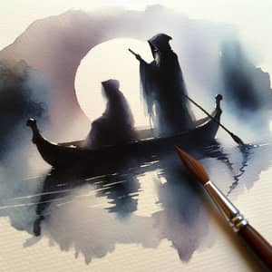 Ethereal Watercolor Painting: Mysterious Figure in Boat