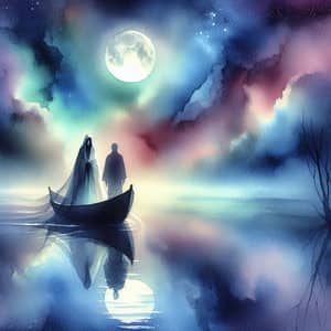 Ethereal Moonlit Boat Ride: Tranquil Watercolor Artwork