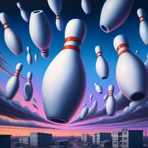 Giant Bowling Pins Falling: Surreal Scene in the Sky