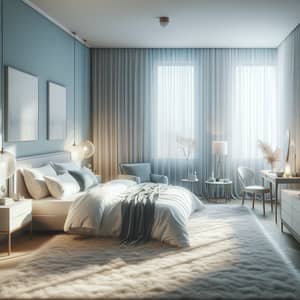 Serene Bedroom Design - Calm Pastel Blue Room with Queen Bed