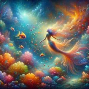 Fantastical Underwater Panorama with Mermaid and Tropical Fish