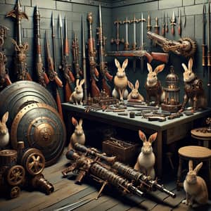 Steampunk Security Room with Intricate Weaponry and Wild Warrior Rabbits