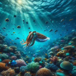 Diverse Marine Life in Deep Ocean: Cuttlefish and Vibrant Reef