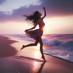 South Asian Woman Dancing on Beach at Sunset