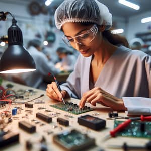 Professional Woman Assembling Tiny Circuit Board in Workshop