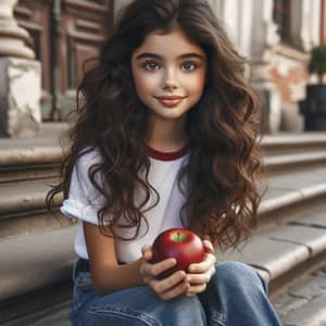 Young Hispanic Girl with Curly Brown Hair and Red Apple